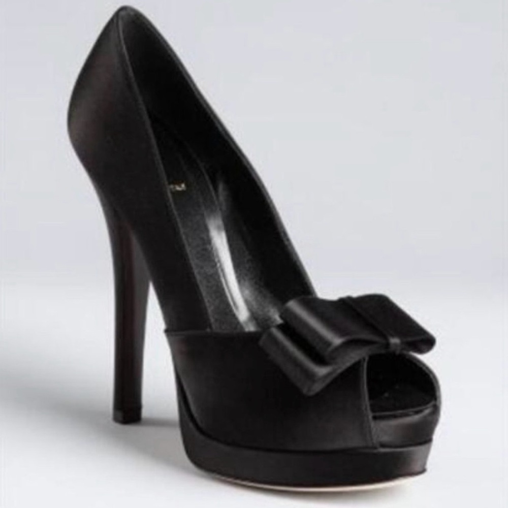 FENDI Black Satin Peep-Toe Heels with Bow